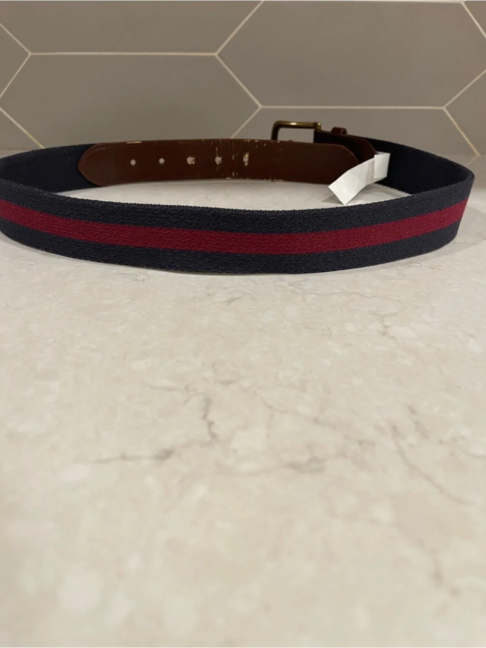 Banana Republic Navy and Burgundy Web Stripe Belt with Brown Leather Accents